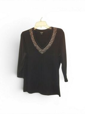 Unlisted By Kenneth Cole Black V-Neck 3/4 Sleeve Top with Trim, GUC, Size L